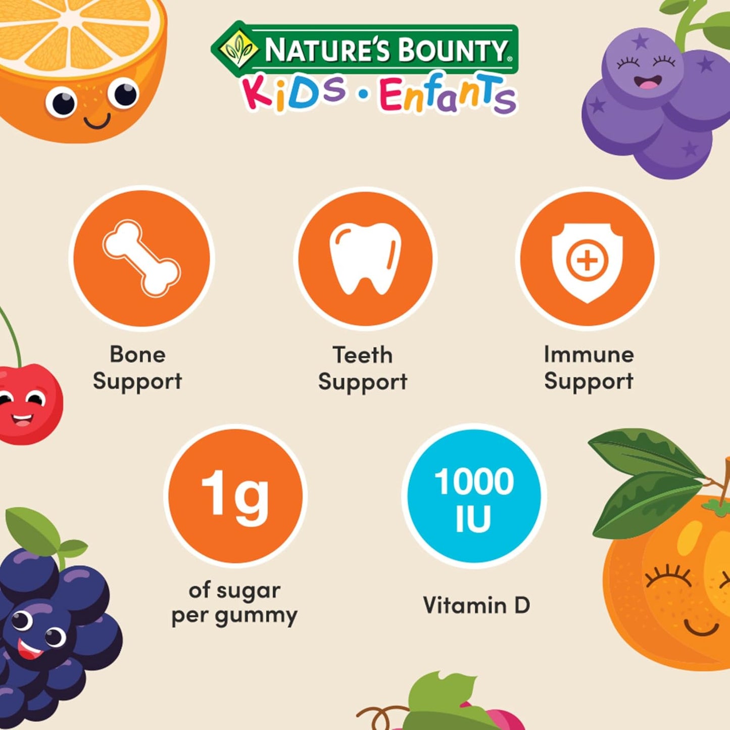 自然之寶兒童每日陽光維生素 D3,每粒軟糖僅含 1 克糖,支持免疫功能,幫助骨骼和牙齒發育,促進鈣和磷的吸收,350 克