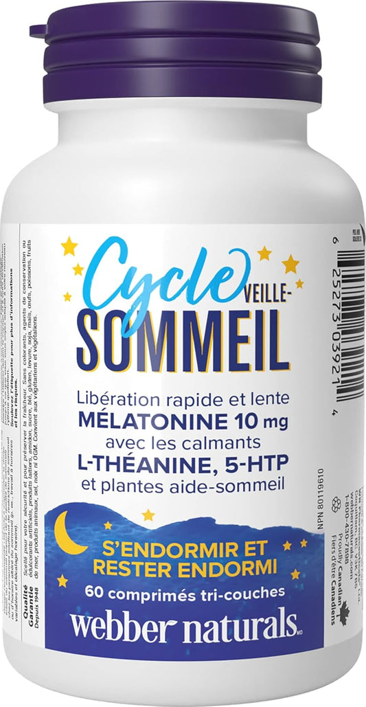 Webber Naturals 睡眠周期褪黑激素,含 L-茶氨酸、5-HTP 和睡眠植物成分,60 片三层片剂,有助于睡眠,纯素
