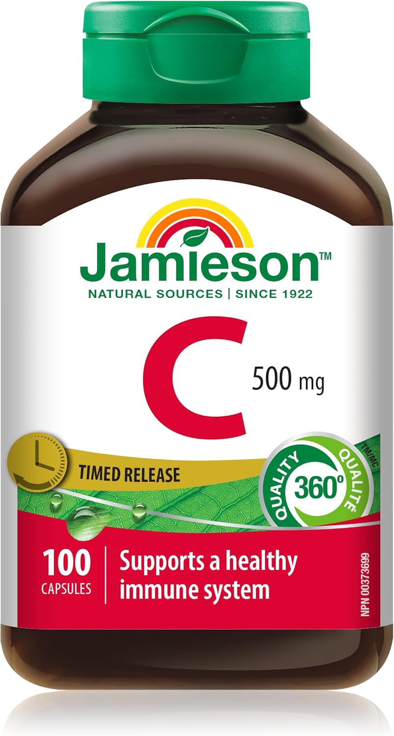 Jamieson 維生素 C 500 毫克緩釋膠囊,支持免疫健康,強化牙齒和骨骼。全天緩釋維生素 C,素食,無麩質,100 粒,加拿大製造