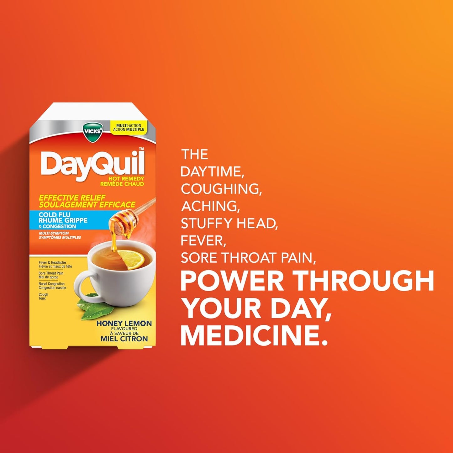 Vicks DayQuil 熱敷感冒、流感和鼻塞藥,白天使用,不引起困倦,緩解發燒和頭痛、咽喉痛、鼻塞、咳嗽,多效合一,蜂蜜檸檬味,8 包粉劑