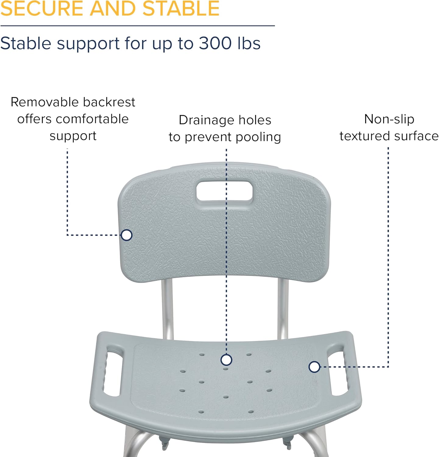 Drive Medical Designer系列豪華附靠背浴凳,灰色 | 可調節高度浴缸扶手安全欄桿
