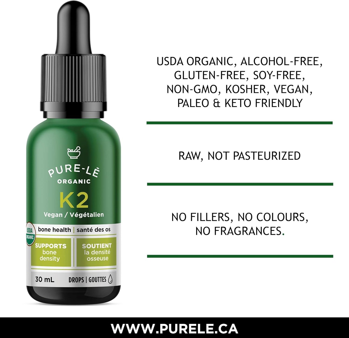 美國農業部有機維生素K2 (MK-7)滴劑,適合全家使用 - 完全生物可利用 - 速效,老少咸宜。猶太潔食認證,純素,非基因改造。無副作用 - 加拿大製造,超優質膳食補充劑