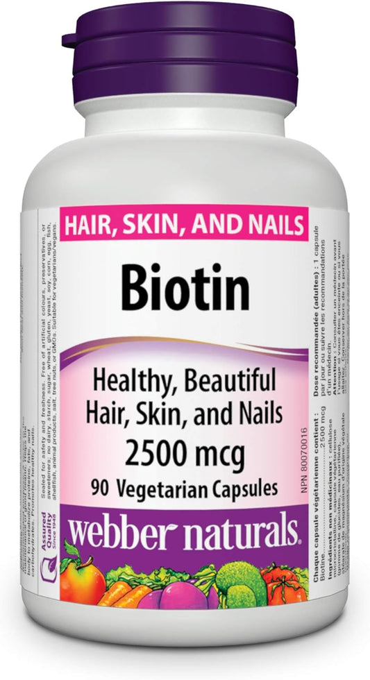 Webber Naturals 生物素 2500 微克,90 粒膠囊,支持健康的頭髮、皮膚和指甲,促進能量代謝,純素