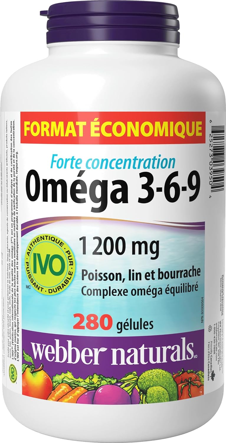 Webber Naturals Omega 3-6-9 1,200 mg Fish Oil, 280 Softgels, Supports Cardiovascular Health and Brain Function