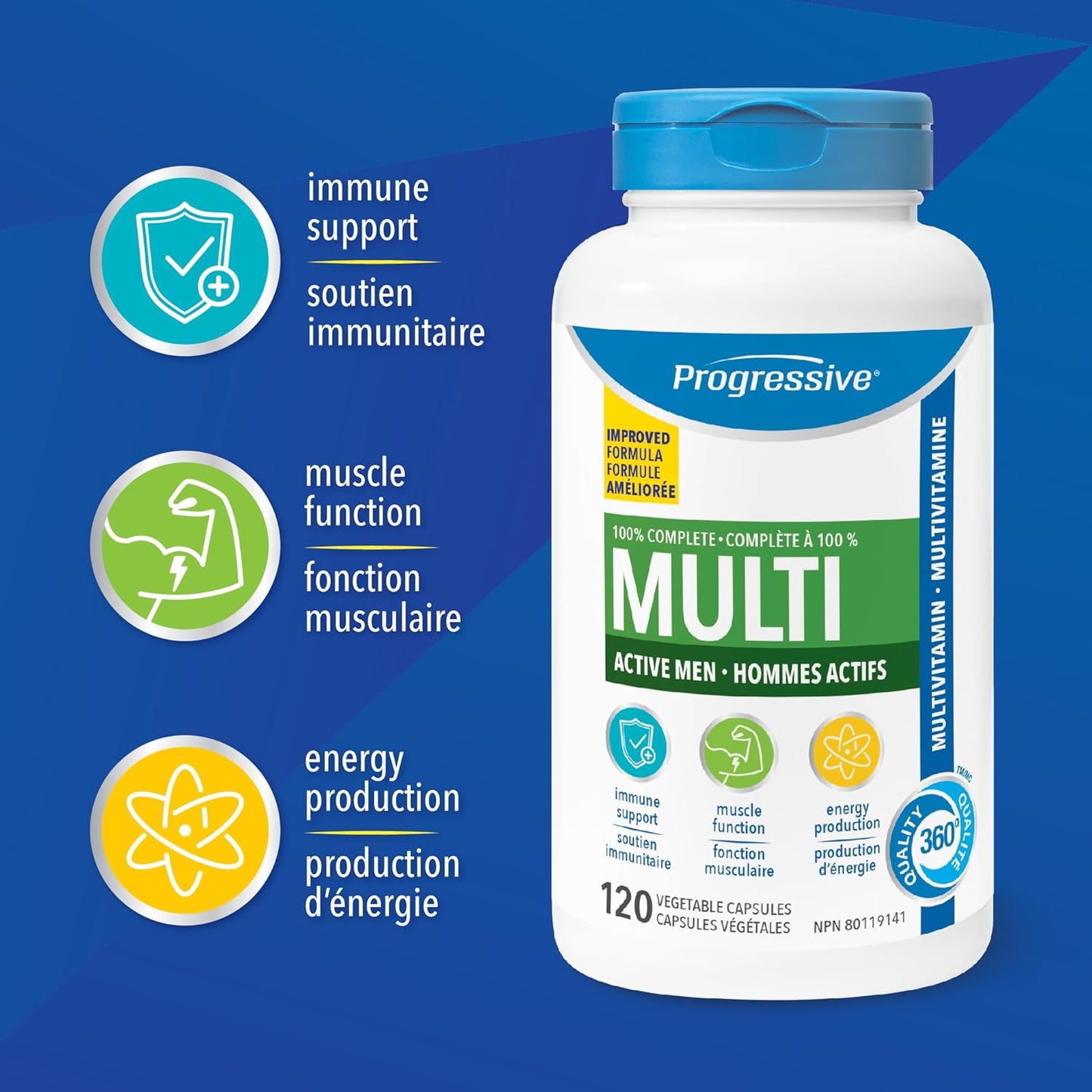Progressive Advanced 活力男士每日复合维生素,含槲皮素、玛卡、南非醉茄和西伯利亚人参。支持免疫健康、肌肉功能和能量,100% 完整配方,加拿大制造,120 粒装