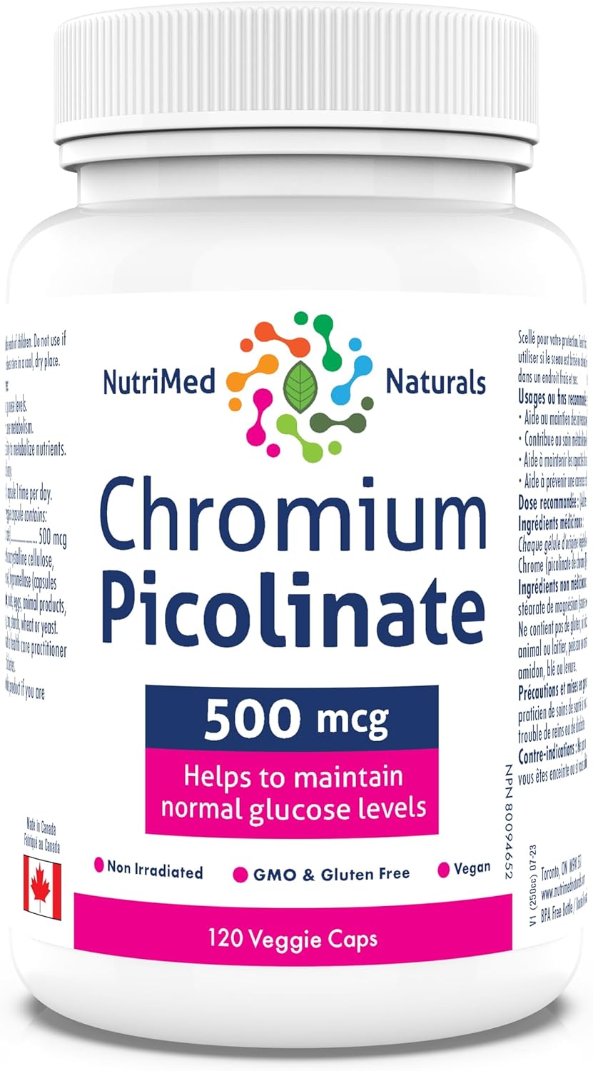 Nutrimed Naturals - Chromium Picolinate 500mcg, 120 Capsules 120-Day Supply - Glucose and Blood Sugar Support - Muscle Mass and Metabolism Support - 3rd Party Tested - Formulated & Made in Canada
