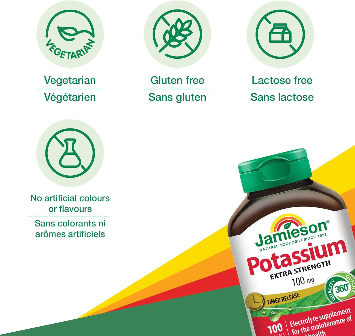 Jamieson 強效鉀 100 毫克緩釋片,支持肌肉和神經功能,補充電解質,有助於預防鉀缺乏症。素食,無麩質,100 粒膠囊,加拿大製造