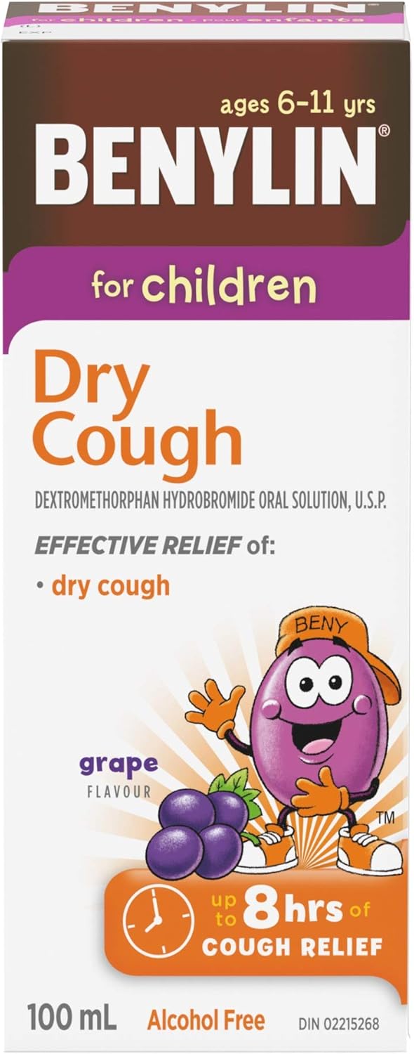 BENYLIN Children's Dry Cough Syrup, Relieves Dry Cough, 100mL, Grape Flavour, Alcohol Free, For ages 6-11yrs