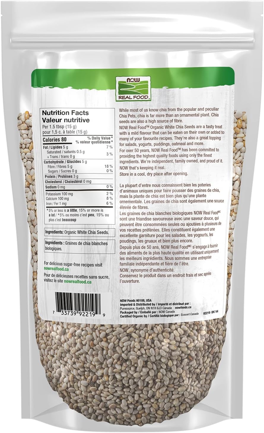 NOW Real Food,有機白奇亞籽,必需脂肪酸和纖維來源,非基因改造認證,400克