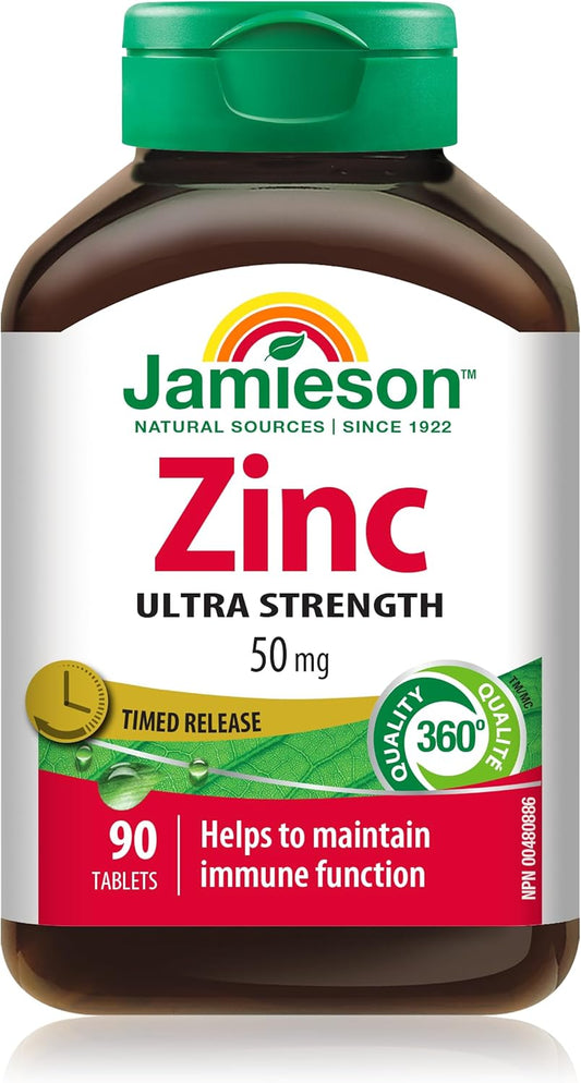 Jamieson 锌 50 毫克,超强效,高吸收率,支持免疫健康、组织形成和皮肤健康。素食,非转基因,无麸质,90 片装,加拿大制造