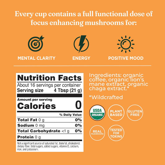 Four Sigmatic Think 蘑菇研磨咖啡 | 有机研磨咖啡,含猴头菇和白桦茸 | 益智蘑菇咖啡,有助于提高注意力和增强免疫力 | 340克/袋