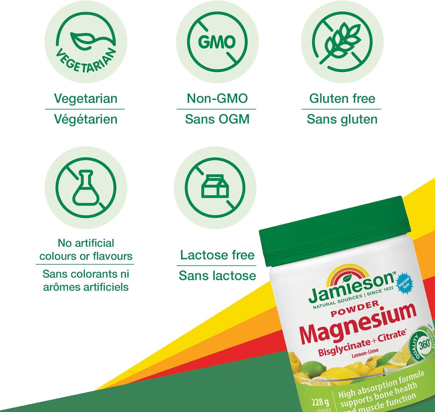 Jamieson 強效甘胺酸鎂 300 毫克粉末,天然檸檬青檸口味,支持肌肉功能、骨骼健康,提升能量。無麩質,不含人工色素、香精或防腐劑,228 克
