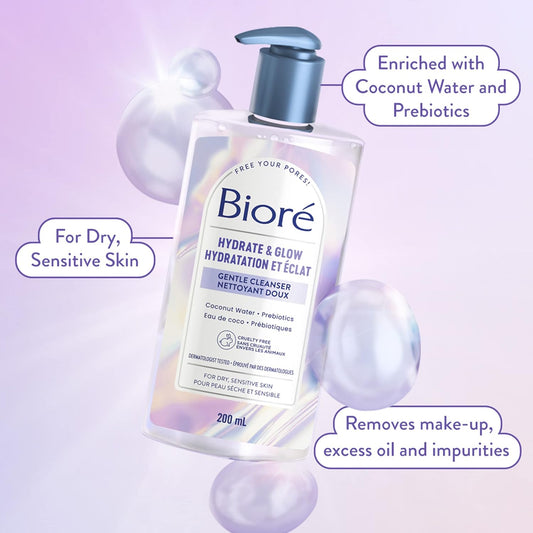 Bioré Hydrate & Glow Cleanser & Moisturizer Duo, for Dry, Sensitive Skin, infused with Prebiotics, Avocado Oil and Coconut Water |Dermatologist Tested, Cruelty Free and Fragrance Free (200mL & 100mL)