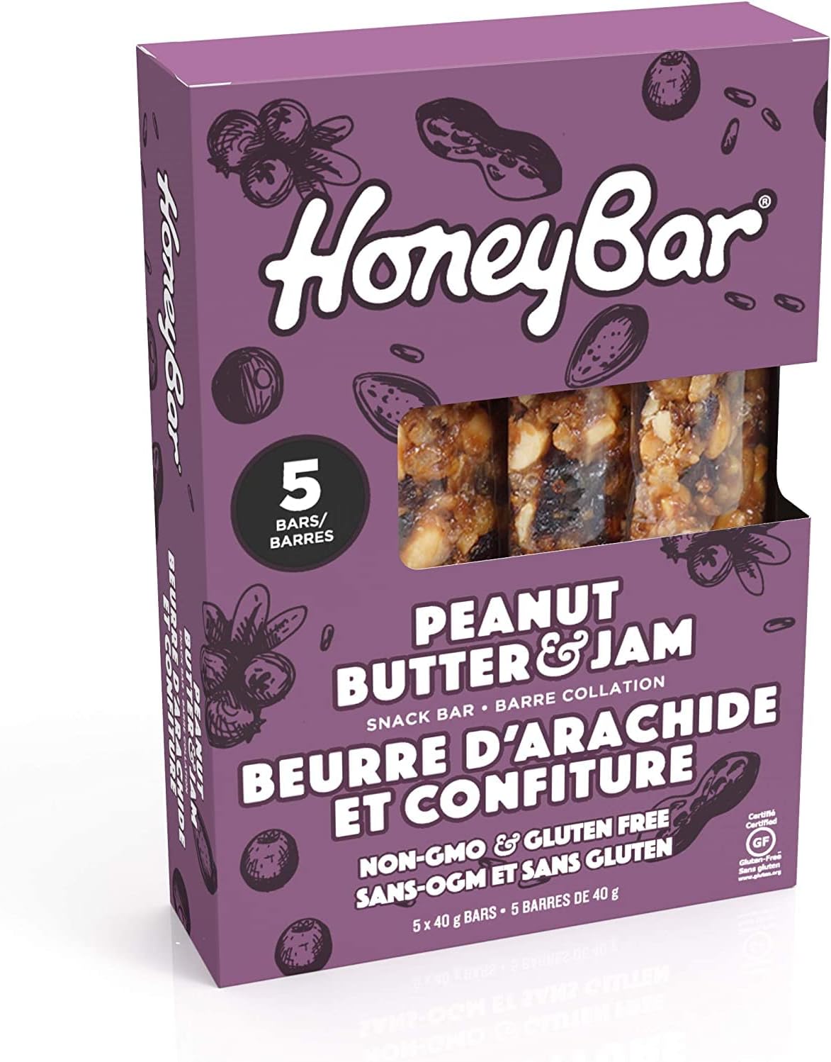 HoneyBar Snack Bars, Gluten-Free, Non-GMO, Vegetarian, 40 g Bars, 5 Count (Peanut Butter & Jam, 5 count (Pack of 1))