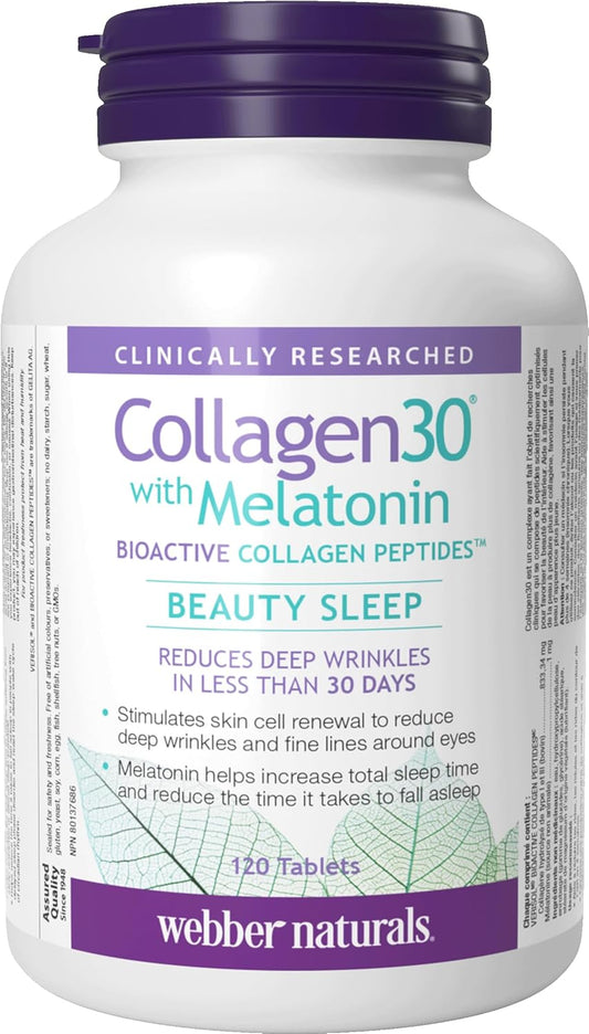 Webber Naturals Collagen30 含褪黑激素,每份含 2,500 毫克生物活性膠原蛋白勝肽和 3 毫克褪黑激素,120 片,有助於減少深層皺紋和細紋,促進睡眠