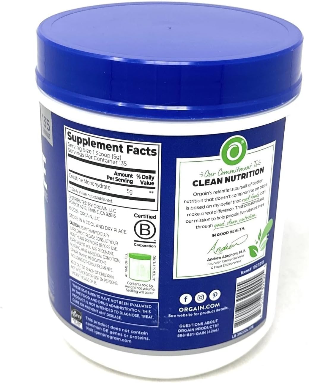 Orgain 5g Micronized Creatine Monohydrate, Unflavored, 1.48lbs