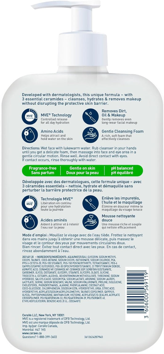 CeraVe Hydrating Cream-to-Foam Face Cleanser, One-Step Face Wash With Hyaluronic Acid & Amino Acid Complex, Gently Cleanses Skin, Non-Comedogenic, Fragrance-Free, Normal to dry skin, 562mL