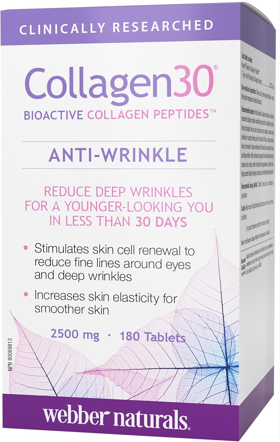Webber Naturals Collagen30 抗皱片,每份含 2,500 毫克生物活性胶原蛋白肽,180 片,有助于减少深层皱纹、细纹并刺激皮肤细胞