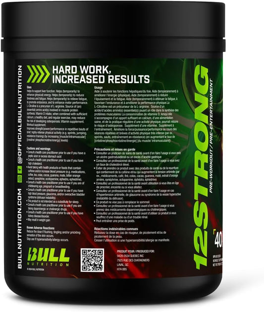 BULL Nutrition 12 STRONG - 含甘油、L-瓜氨酸、β-丙氨酸和肌酸補充劑的運動前粉,可促進肌肉生長,增強耐力、力量、專注力和能量輸出 - 加拿大製造 - 40 份,730 克(730 克,Rocket Pop)