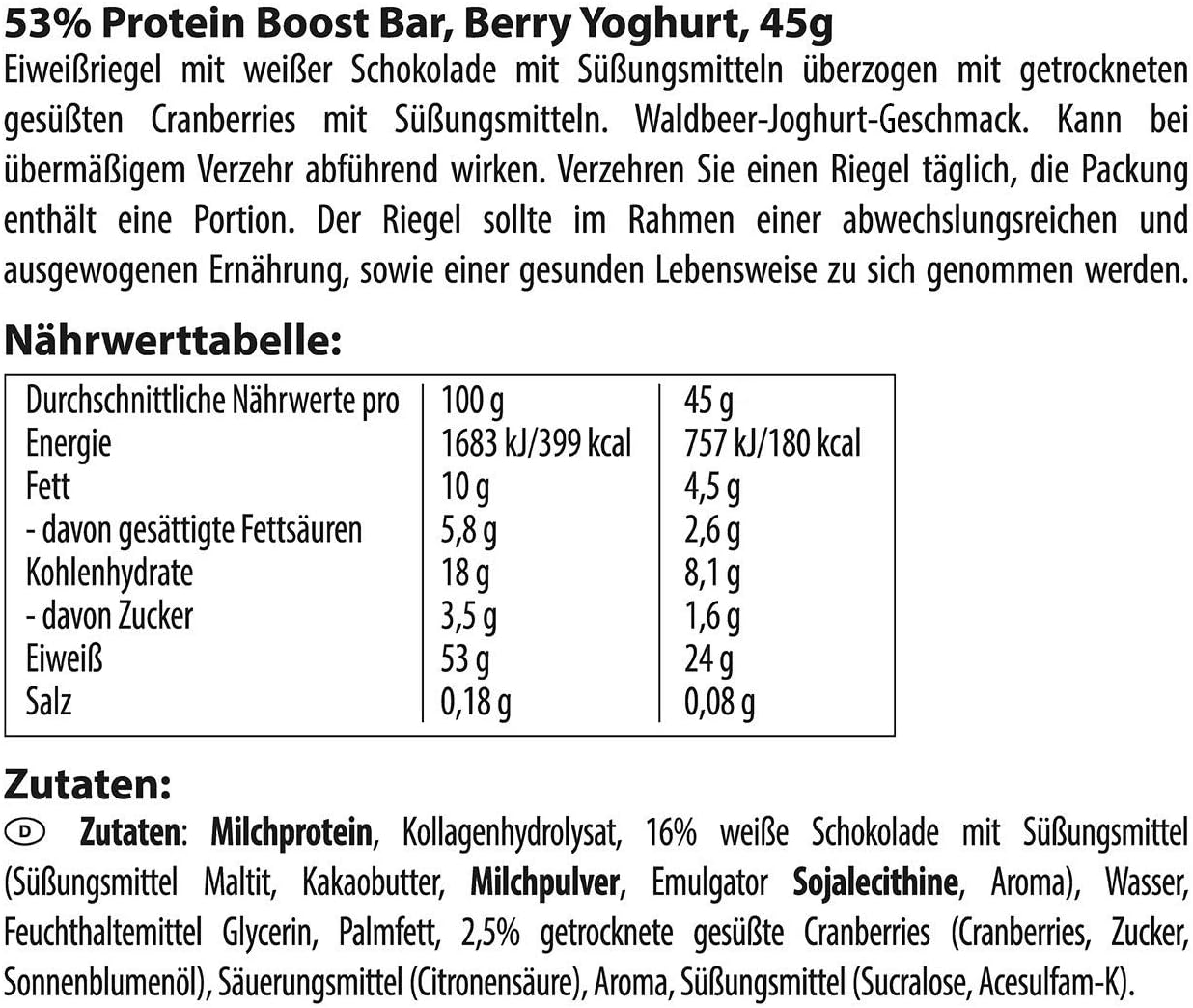Multipower 53% Protein Boost Bar - Berry Yoghurt Flavor - High-Protein Low-Sugar Snack - 45g Bars (20 Pack)