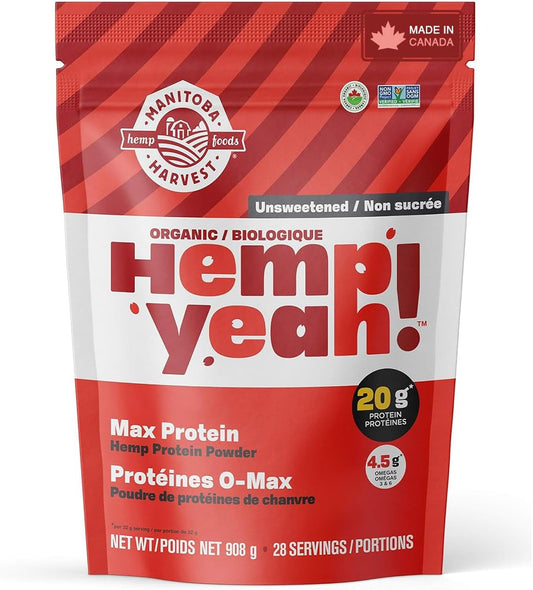 Manitoba Harvest Hemp Yeah! 有机 Max Protein 蛋白粉,无糖,908 克;每份含 20 克蛋白质和 4.5 克 Omega 3&6,不含防腐剂,非转基因