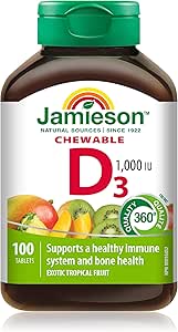 Jamieson 咀嚼維生素 D3 1000 國際單位,熱帶水果口味,支持免疫健康,強健骨骼和牙齒。素食,非基因,無麩質,無人工香料和色素,100 粒,加拿大製造