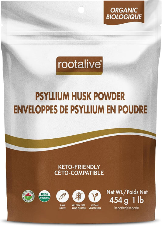 Rootalive Organic Psyllium Husk Powder 454g (1lb), Plant-Based Fibre for Digestive Support, Unflavored Superfood with Soluble & Insoluble Fibre, Vegan, Gluten-Free