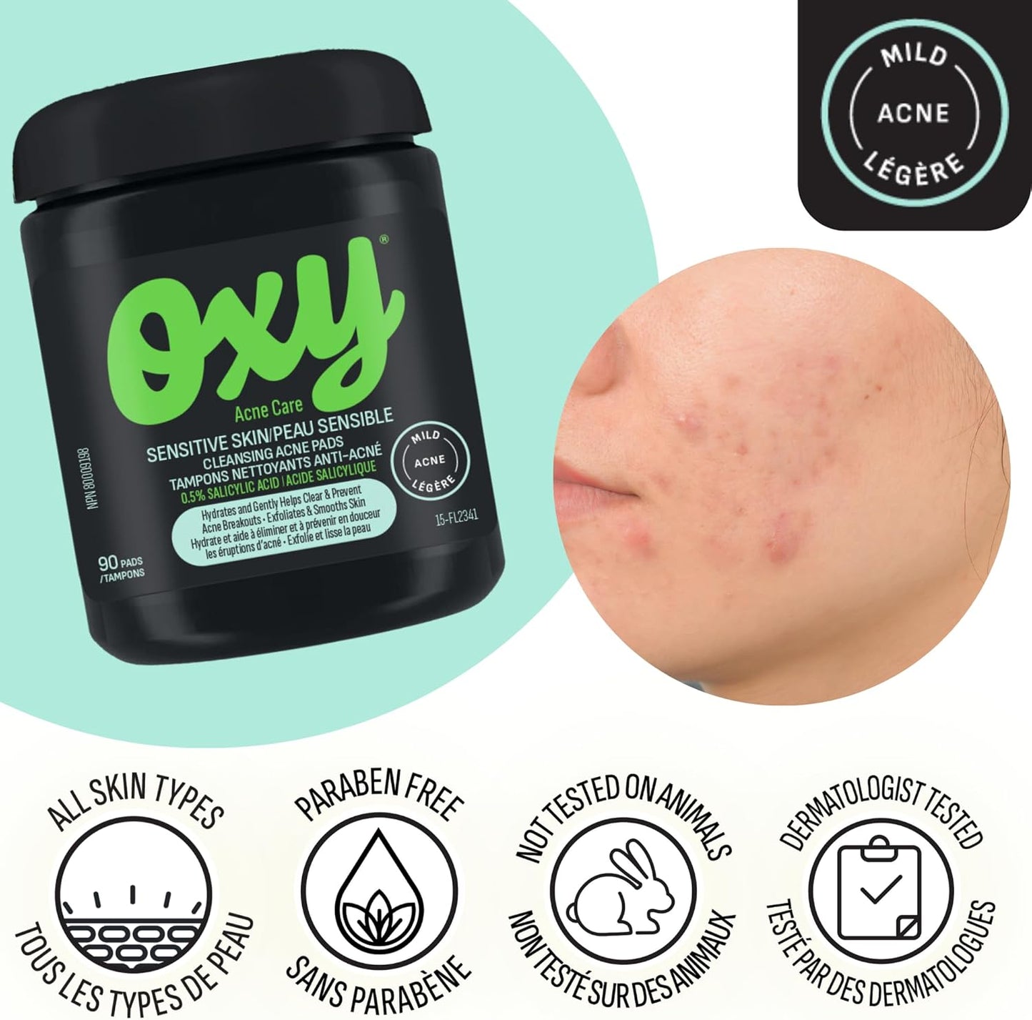 Oxy Sensitive Skin Cleansing Acne Pads - Clinically Proven Salicylic Acid (0.5%) – Gentle Formula to Help Treat and Prevent Breakouts - Enhanced Moisturizers - Unscented - Dermatologist Tested