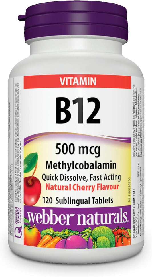 Webber Naturals 维生素 B12 500 微克,速溶,120 片,天然樱桃味,支持能量产生和新陈代谢