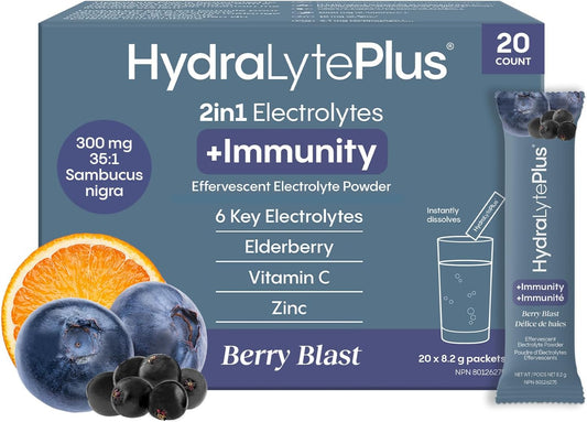 HydraLyte Plus Immunity - Electrolytes + Vitamin C Powder + Elderberry (Sambucus Nigra 35:1 Concentrated Black Elderberry Powder) + Zinc - Daily Hydration Powder With Immune Support for Ages 19+