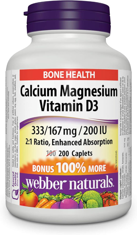 Webber Naturals 鈣鎂維生素 D3 膠囊,200 粒,增強吸收,有助於支持骨骼和牙齒,素食