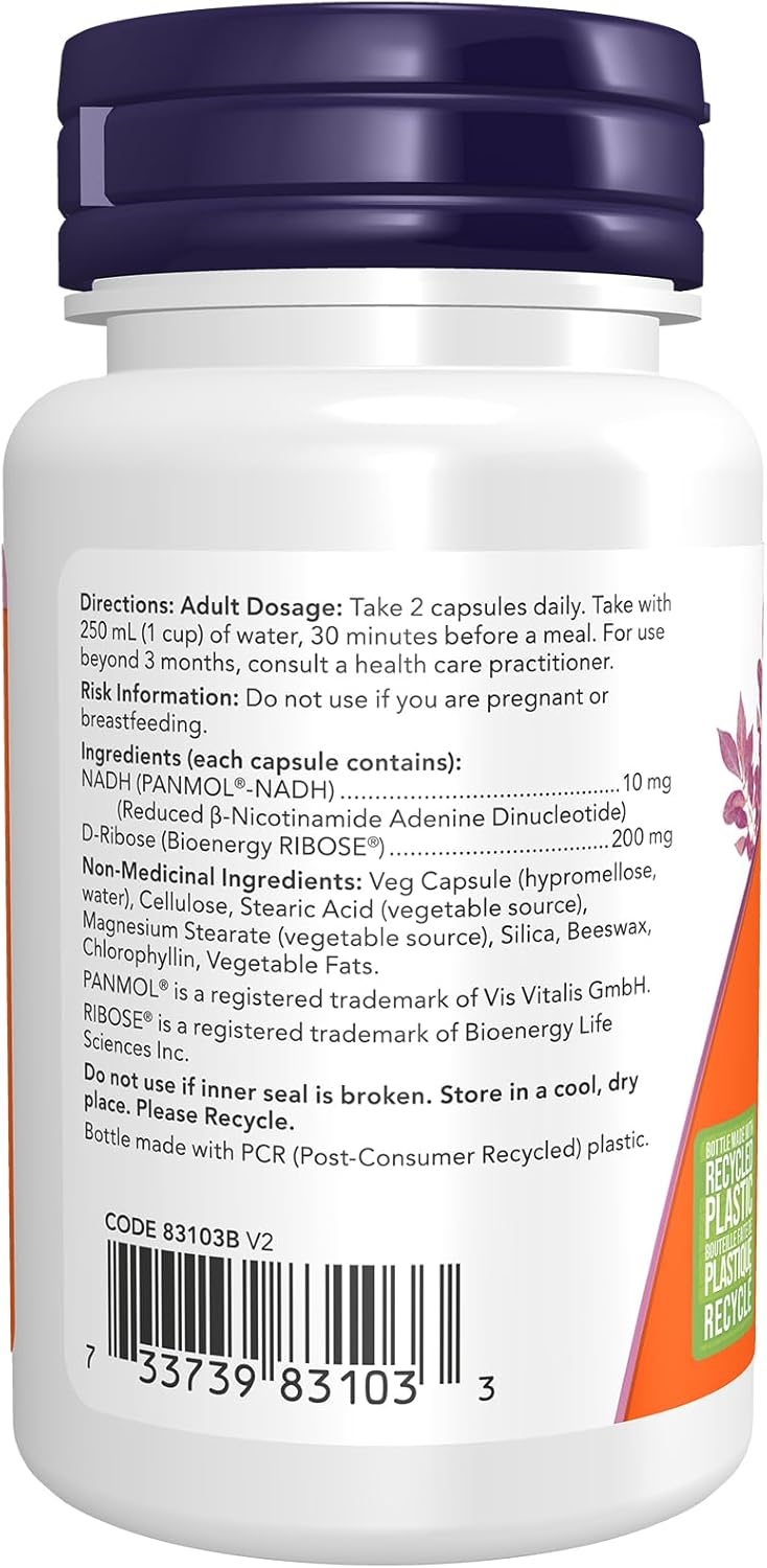 NOW Supplements,NADH(还原型烟酰胺腺嘌呤二核苷酸)10 毫克,含 200 毫克 D-核糖胶囊,60 粒