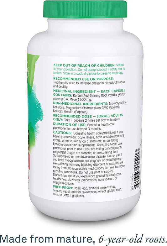 Organika Canadian-Made Korean Red Ginseng - 6 Year Old Roots, Energy Support, Stress Support, Warming Effect- 200caps