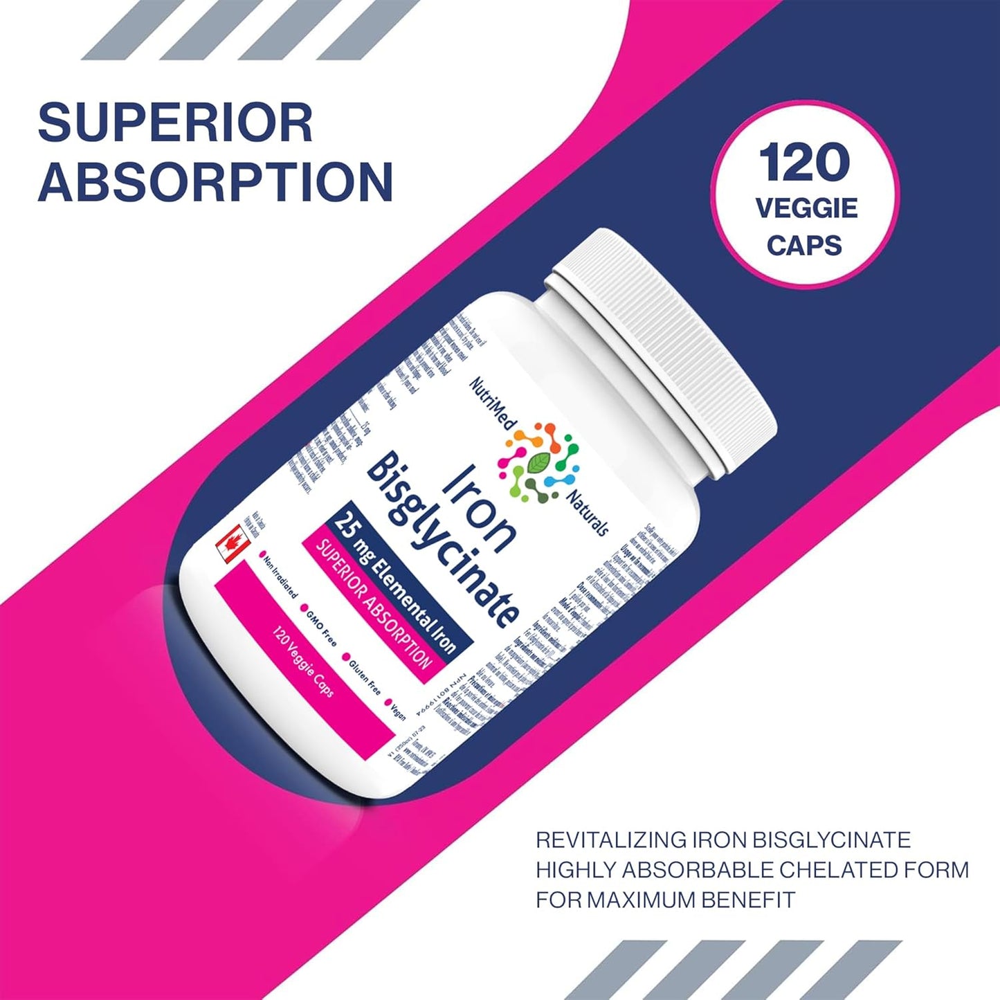 Nutrimed Naturals - 甘氨酸鐵,120 粒素食膠囊,120 天用量 - 25 毫克元素鐵缺乏性貧血和相關疲勞和乏力 - 經第三方測試 - 加拿大配製和製造