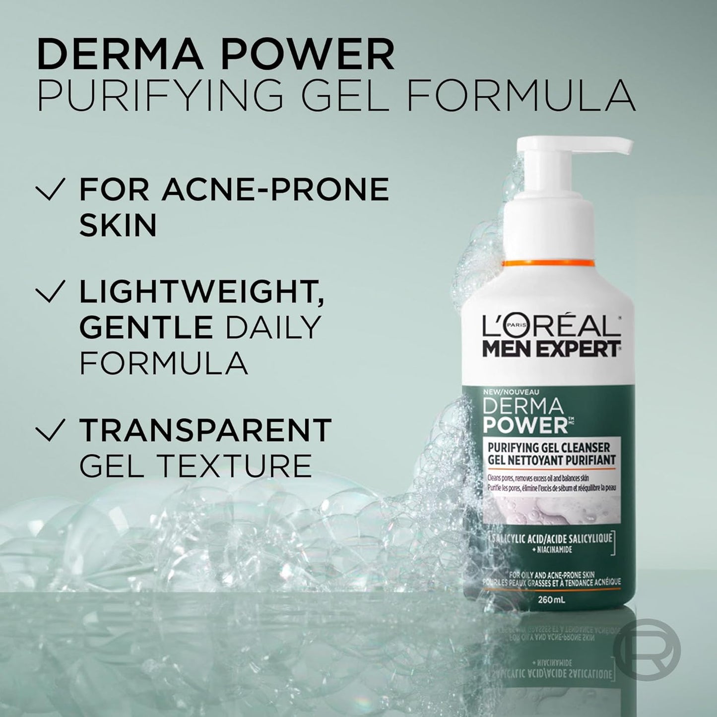 L’Oréal Paris Men Expert Derma Power Purifying Gel Cleanser, Salicylic Acid & Niacinamde Oil Control Acne Face Wash for Men, for Acne-Prone & Oily Skin, 260ml