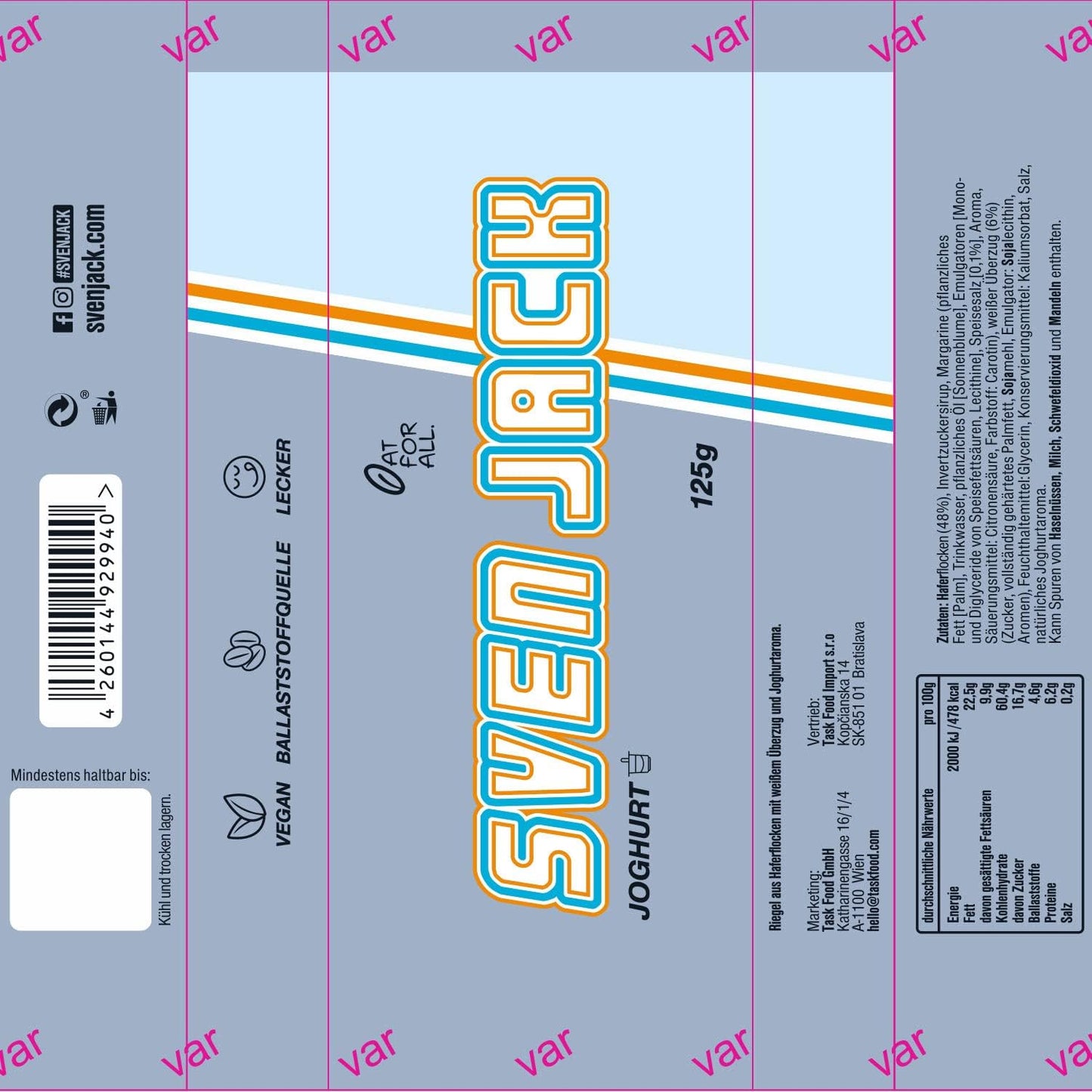 SvenJack Oat Bar Yoghurt - Pack of 1 × 125g - Original Oatmeal Energy Bar with Long‑Chain Carbohydrates, Less Sugar & More Energy for Everyday Use, Fitness Cake & Oatmeal Snack