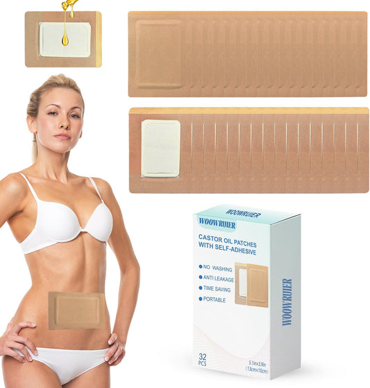 32 片蓖麻油贴片,一次性便携式蓖麻油包,带防漏棉,适用于腹部/脚/膝盖(不含油),5.1 英寸 x 3.9 英寸