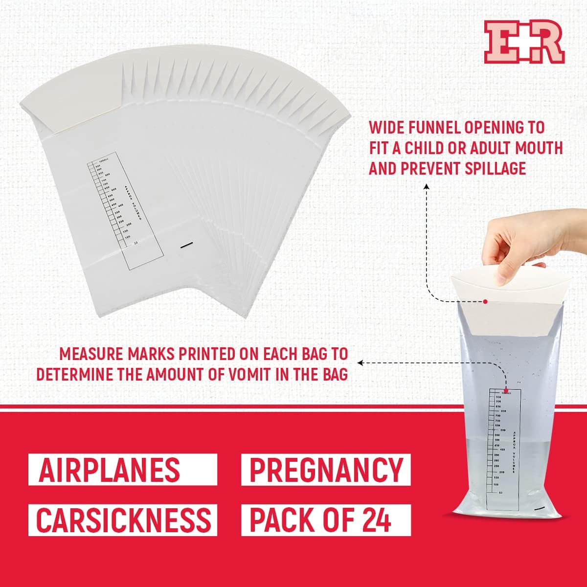 Ever Ready 急救嘔吐袋,附漏斗和防漏止回閥,適用於旅遊、計程車、暈車、孕婦、兒童等 - 24 個裝