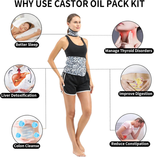 KANAV 2 件装蓖麻油腰颈包 - 可重复使用有机棉法兰绒蓖麻油包,用于肝脏排毒、甲状腺便秘、失眠和炎症(不含油)