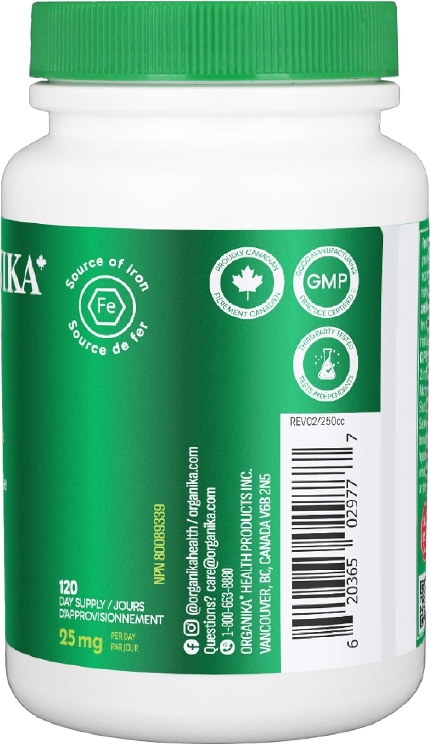 Organika 加拿大製造的絕對鐵 - 雙甘氨酸鐵 - 高利用率,溫和不傷胃,提高鐵含量 - 有益於女性和素食者 - 120 粒膠囊