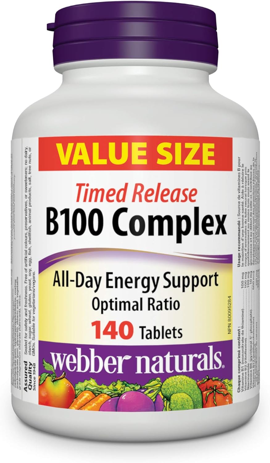 Webber Naturals 益生菌 300 亿活性细胞,8 种益生菌菌株,30 粒胶囊,用于消化和维生素 B100 复合物,定时释放,140 片,支持能量产生和代谢,纯素