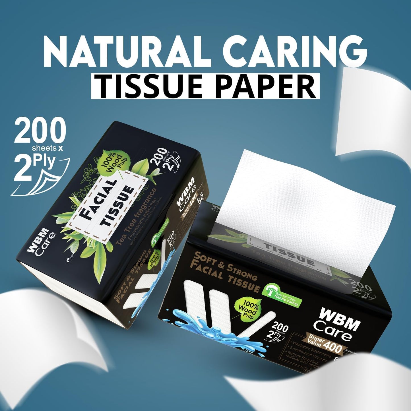 WBM Care 双层面巾纸,茶树香型 - 200 张,10 包(共 2000 张)超柔软,100% 天然,最适合冲洗