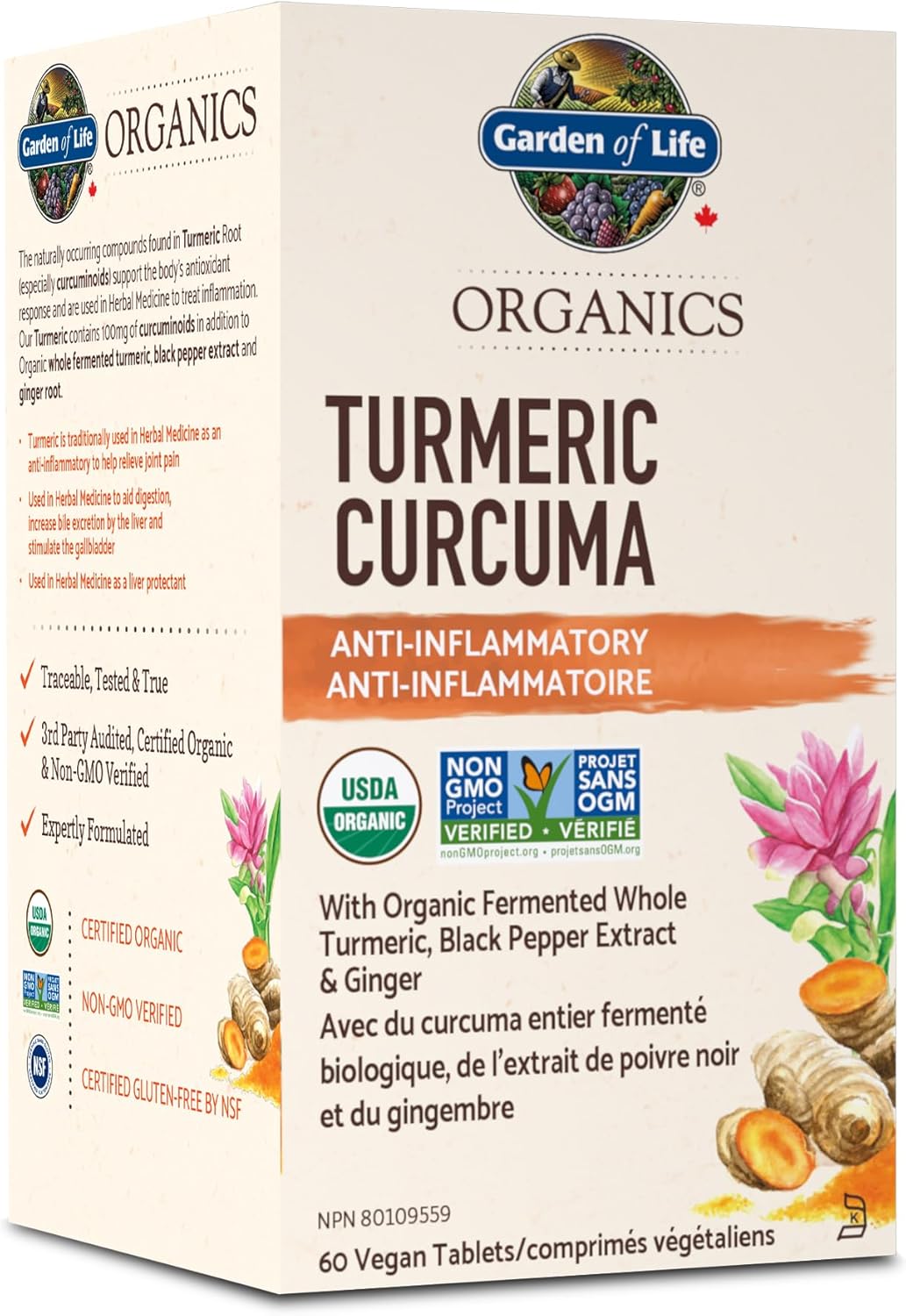 Garden of Life Organics 薑黃,60 片裝 | 抗發炎支持,緩解關節疼痛,幫助消化,支持身體的抗氧化反應 | 非基因改造、無麩質、純素、猶太潔食