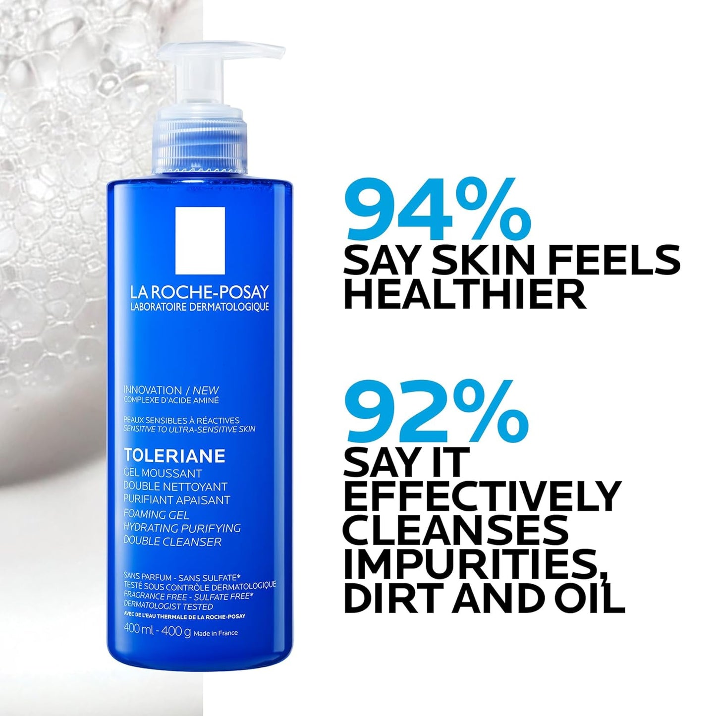 La Roche-Posay Face Wash with Glycerin, Toleriane Purifying Foaming Double Cleansing Gel, Face Wash for Sensitive to Ultra-Sensitive Skin, Fragrance Free, Paraben Free, Oil Free, 400mL