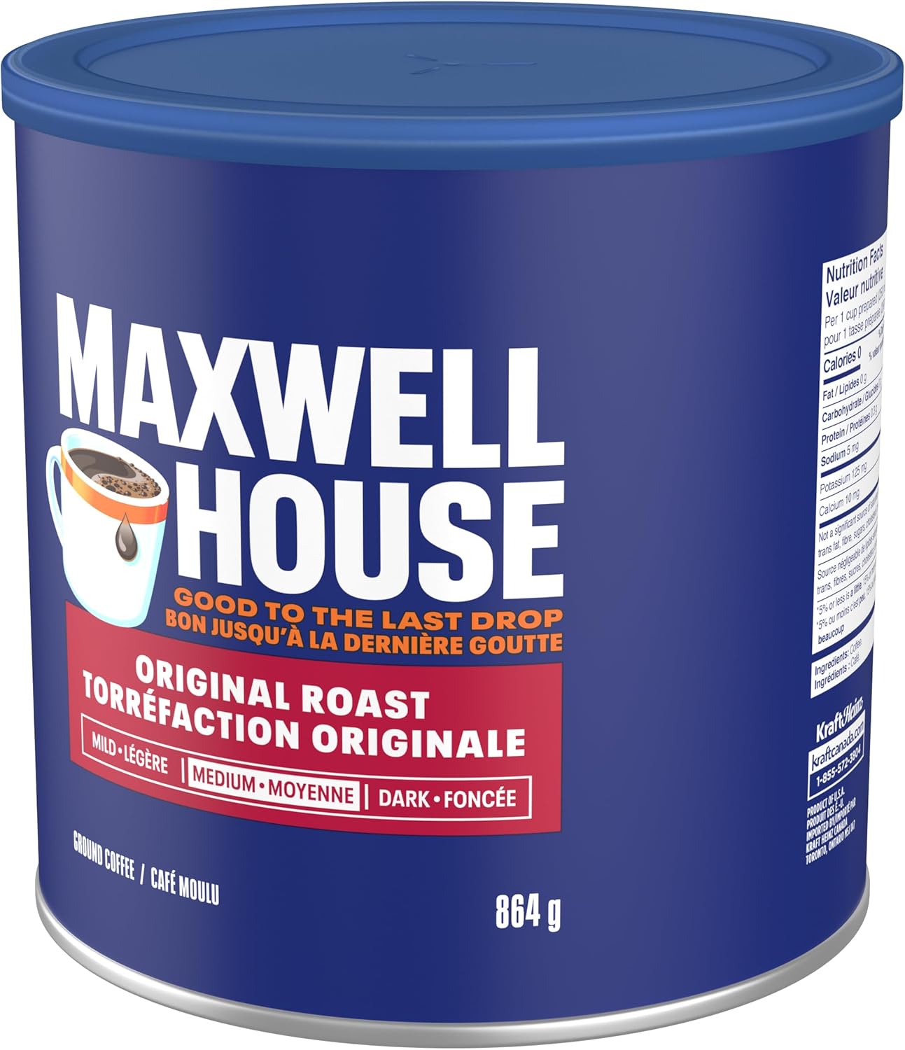 麦斯威尔中度原味烘焙咖啡粉,864 克罐装(6 罐装)