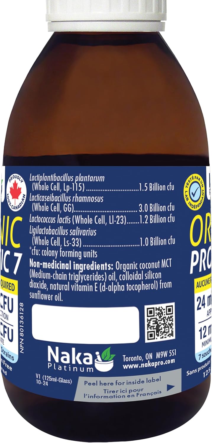 Naka Platinum 有机益生菌 7 液,保质期长,支持消化健康,支持健康的肠道菌群,缓解肠易激综合征 (IBS)、腹胀和便秘症状,无味,加拿大制造,适用于成人和儿童(125 毫升)