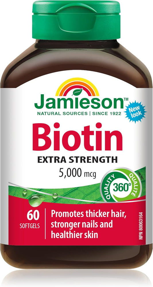Jamieson Extra Strength Biotin 5,000 mcg Softgels, Easy to Swallow, Supports Thicker Hair, Healthier Skin, and Stronger Nails. Gluten-Free, No Artificial Flavours, Colours, or Preservatives, 60 Count, Proudly Canadian
