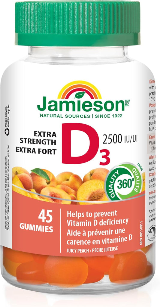 Jamieson 维生素 D3 2,500 IU 软糖,水蜜桃口味,有助于预防维生素 D 缺乏症和骨质疏松症,增强免疫力,强健骨骼和牙齿。素食,不含人工香料、色素或防腐剂……