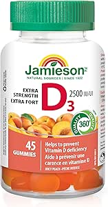Jamieson 維生素 D3 2,500 IU 軟糖,水蜜桃口味,有助於預防維生素 D 缺乏症和骨質疏鬆症,增強免疫力,強健骨骼和牙齒。素食,不含人工香料、色素或防腐劑…