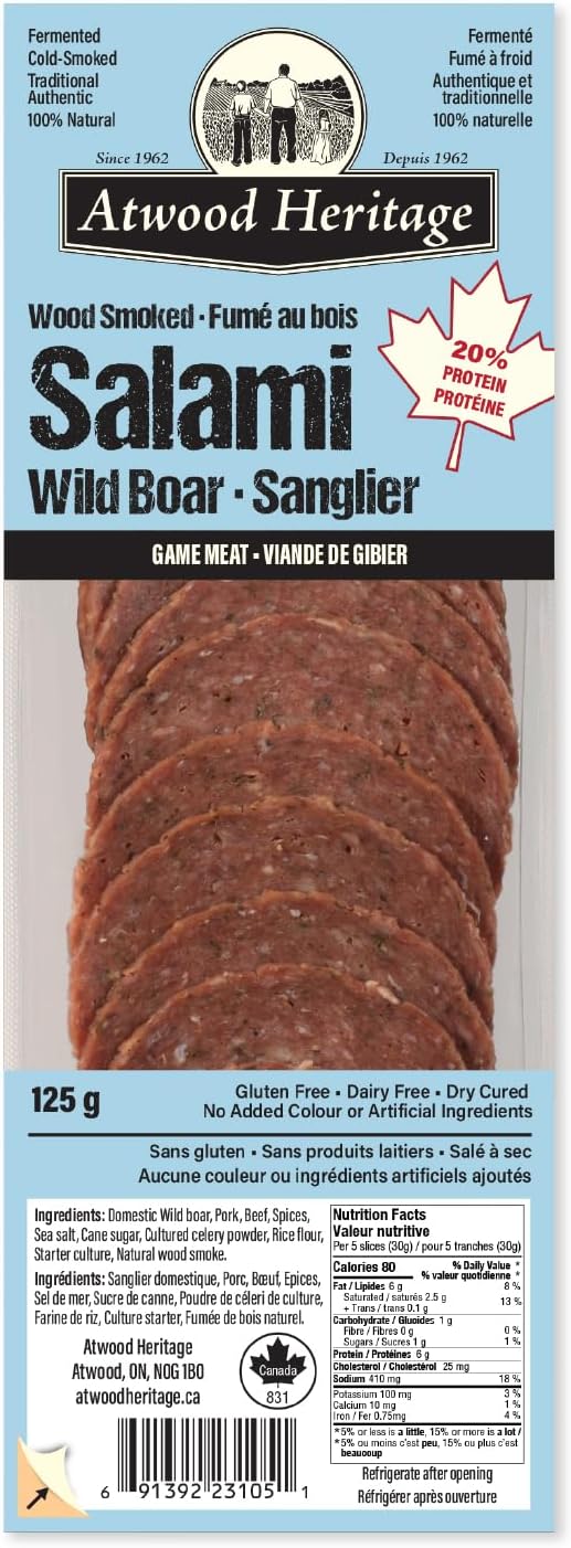 Atwood Heritage Wild Boar, Pork & Beef Sliced Salami, 125g, High-Protein, Gluten-Free, Nitrate-Free, Made in Canada